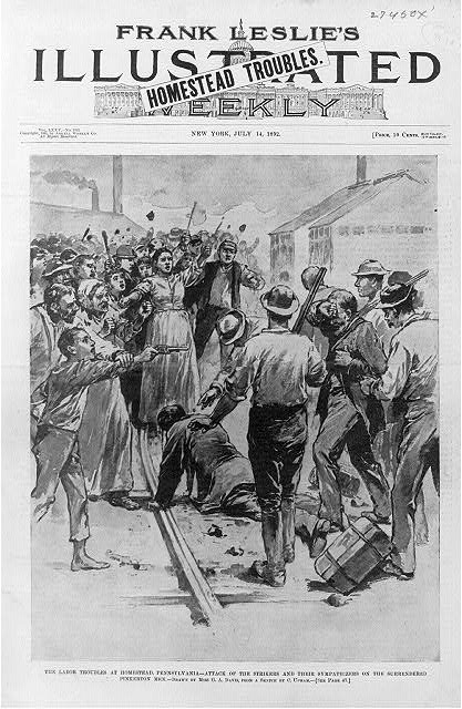 Frank Leslie's Illustrated Weekly, 1892 — the Homestead Strike; Pinkerton barges on the river at the Carnegie steel works