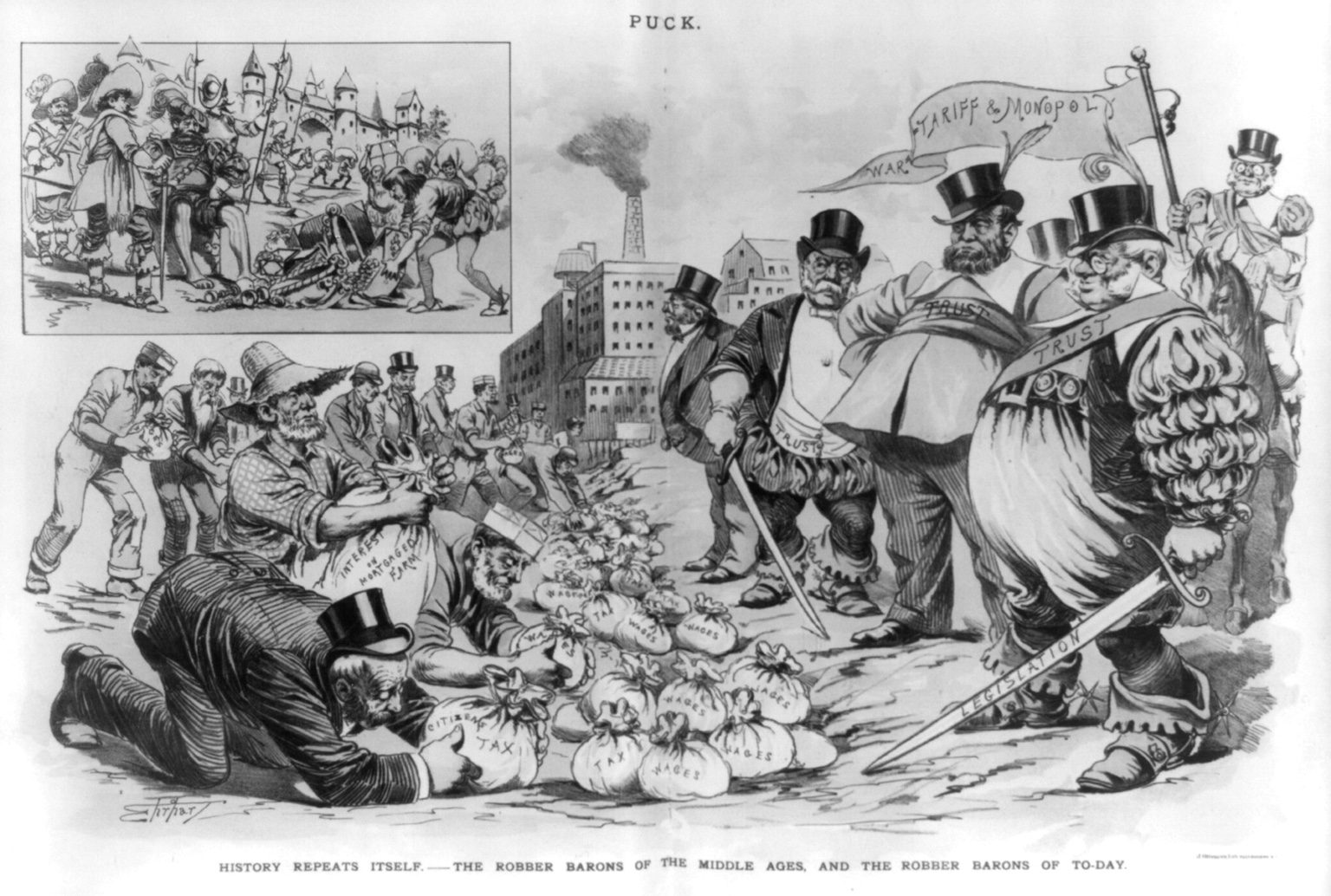1889 Puck cartoon 'History Repeats Itself' — trusts in top hats beneath a WAR, TARIFF and MONOPOLY banner holding a sword labeled LEGISLATION, ordinary Americans crawling beneath them