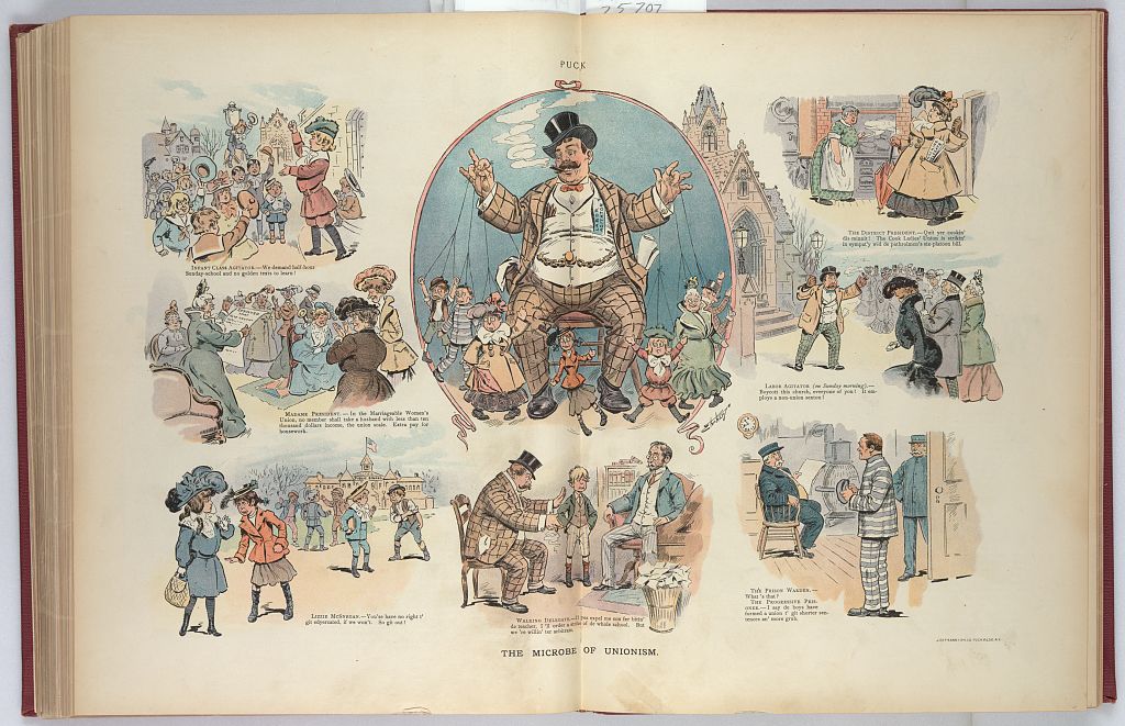 1903 Puck cartoon 'The Microbe of Unionism' — unionism drawn as a disease with a fat agitator working the strings
