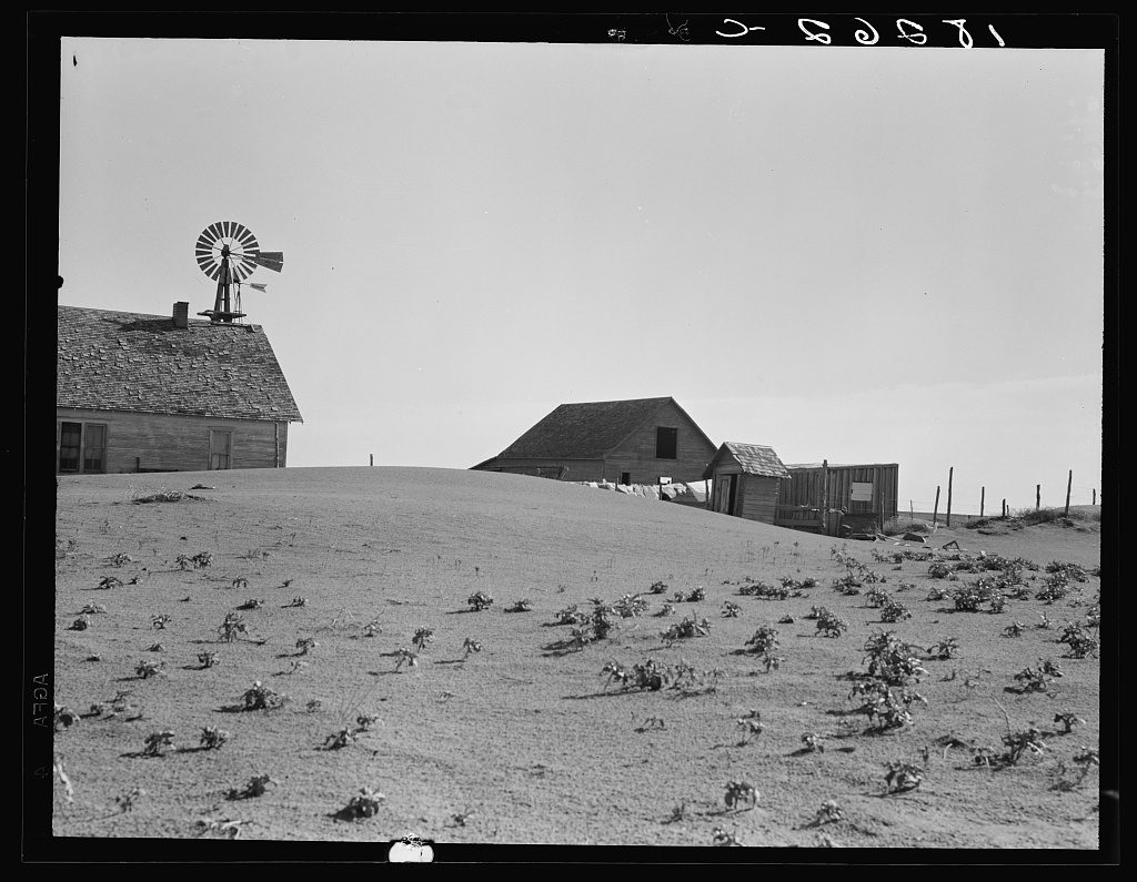 Dorothea Lange, 1938 — a Dust Bowl farmhouse still occupied, FSA