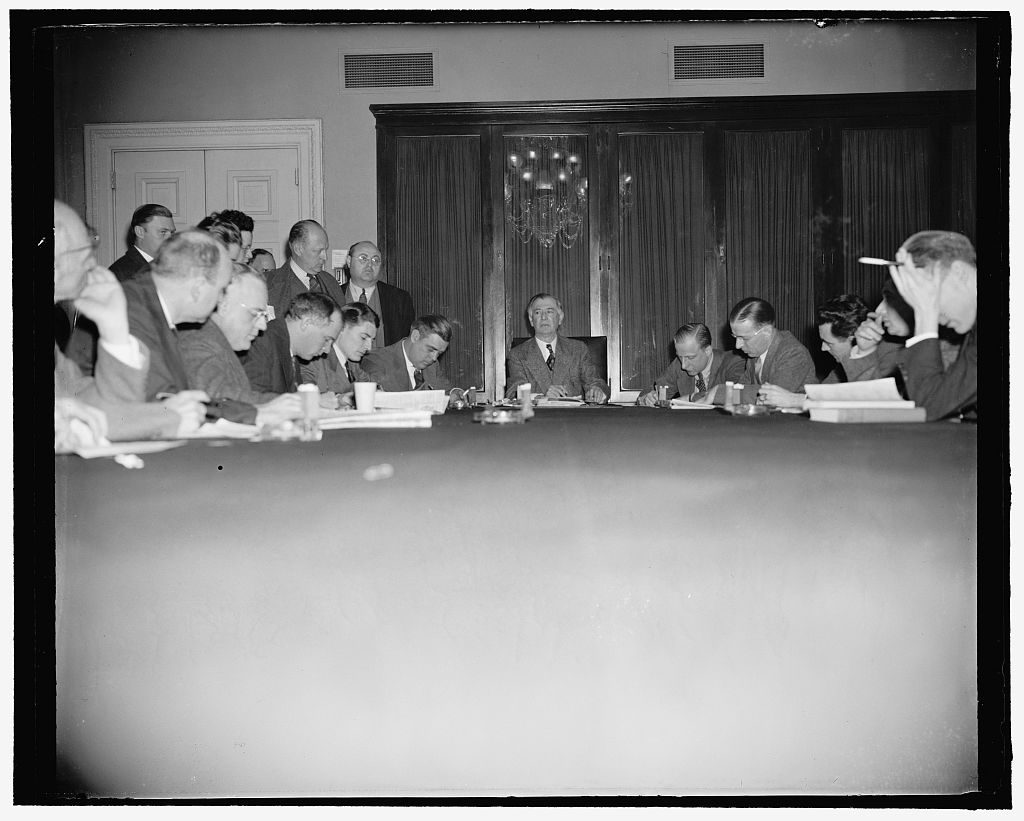 Harris and Ewing, 1939 — the Senate Foreign Relations Committee opens hearings on the Neutrality Act