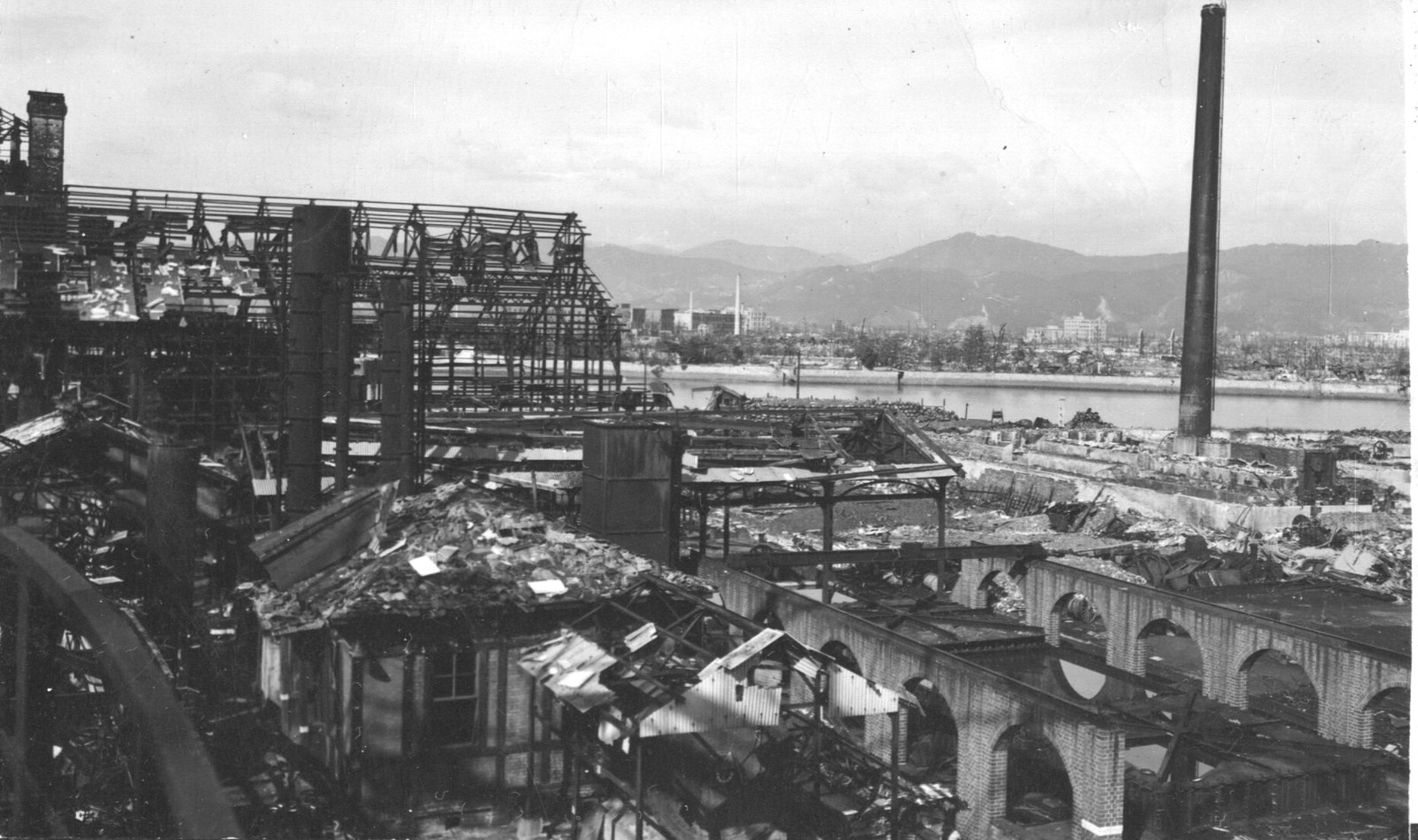 Hiroshima Japan after the atomic bomb, 1945, showing total destruction extending to the mountains